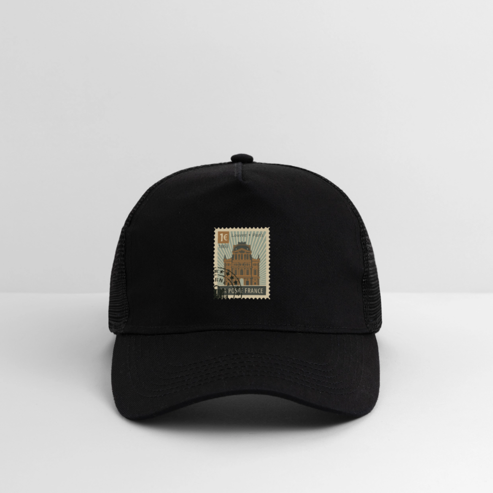Postage Stamp France Louvre Paris Trucker Cap - black/black