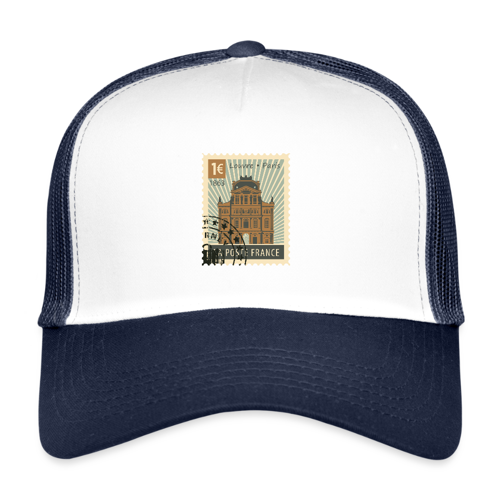 Postage Stamp France Louvre Paris Trucker Cap - white/navy