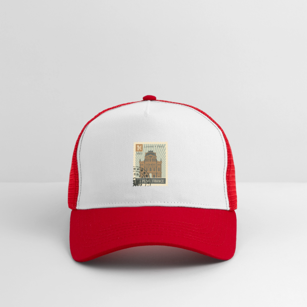 Postage Stamp France Louvre Paris Trucker Cap - white/red