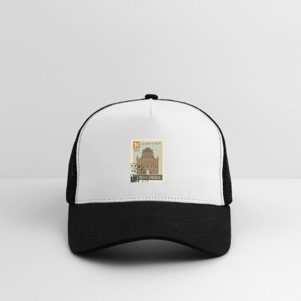 Postage Stamp France Louvre Paris Trucker Cap - white/black