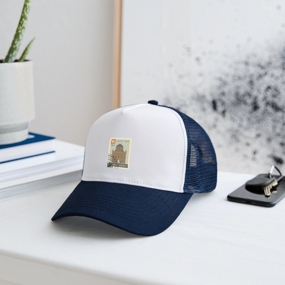 Postage Stamp France Louvre Paris Trucker Cap - white/navy
