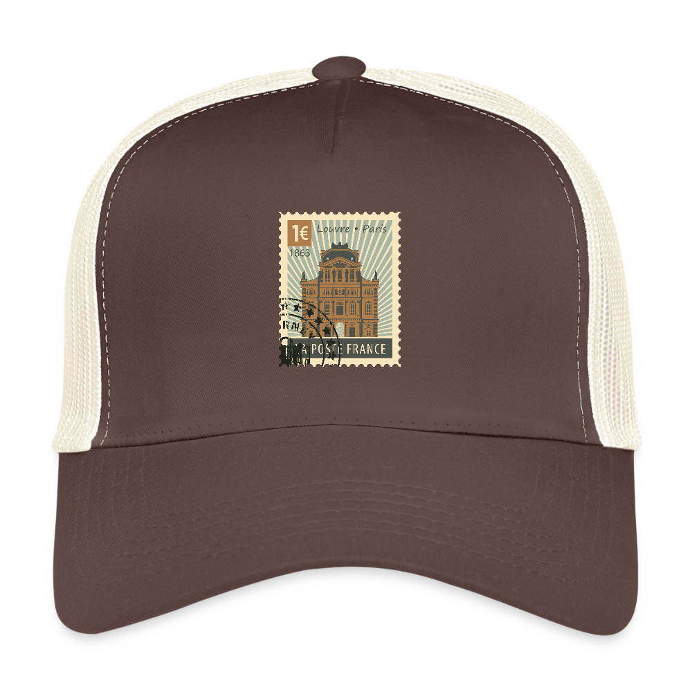Postage Stamp France Louvre Paris Trucker Cap - brown/beige