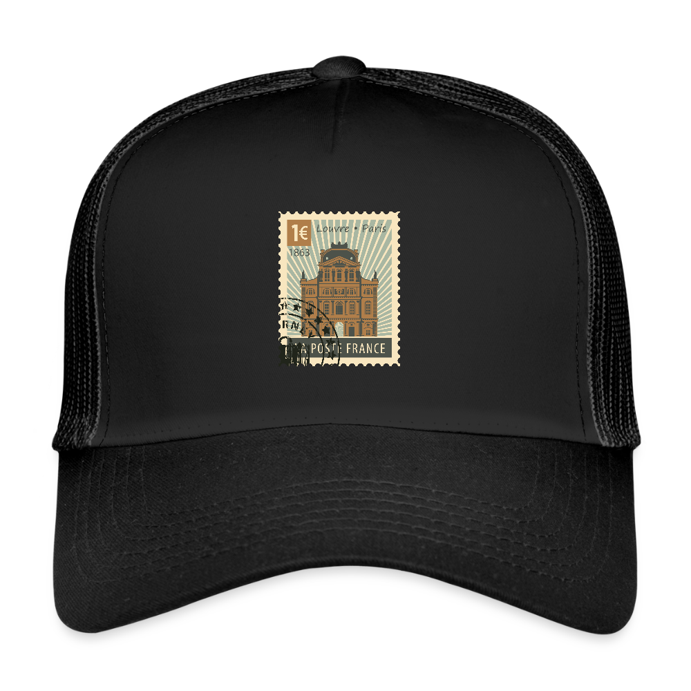 Postage Stamp France Louvre Paris Trucker Cap - black/black