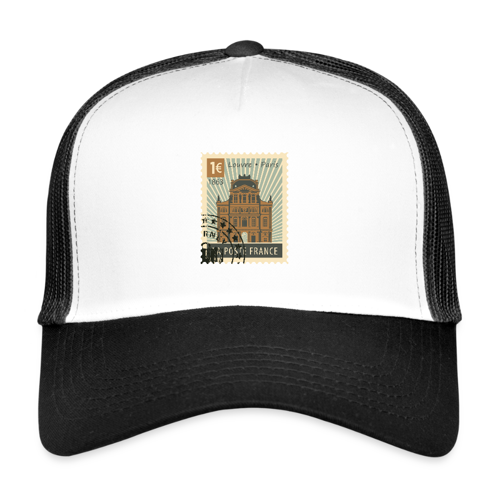 Postage Stamp France Louvre Paris Trucker Cap - white/black
