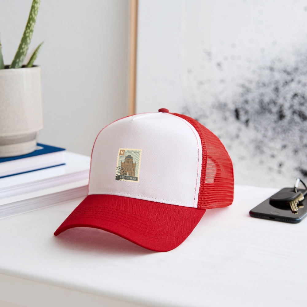 Postage Stamp France Louvre Paris Trucker Cap - white/red
