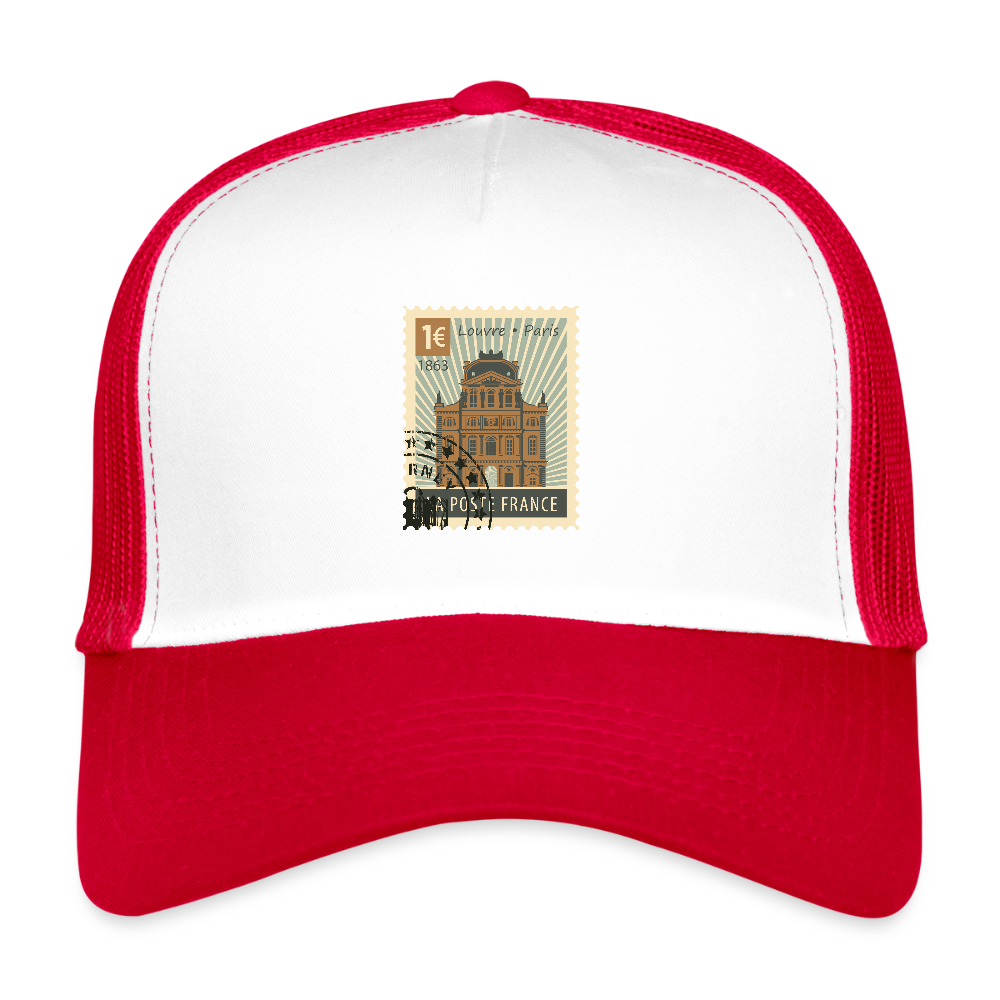 Postage Stamp France Louvre Paris Trucker Cap - white/red