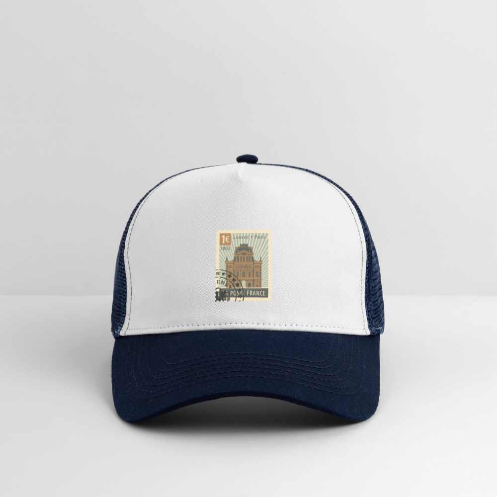 Postage Stamp France Louvre Paris Trucker Cap - white/navy