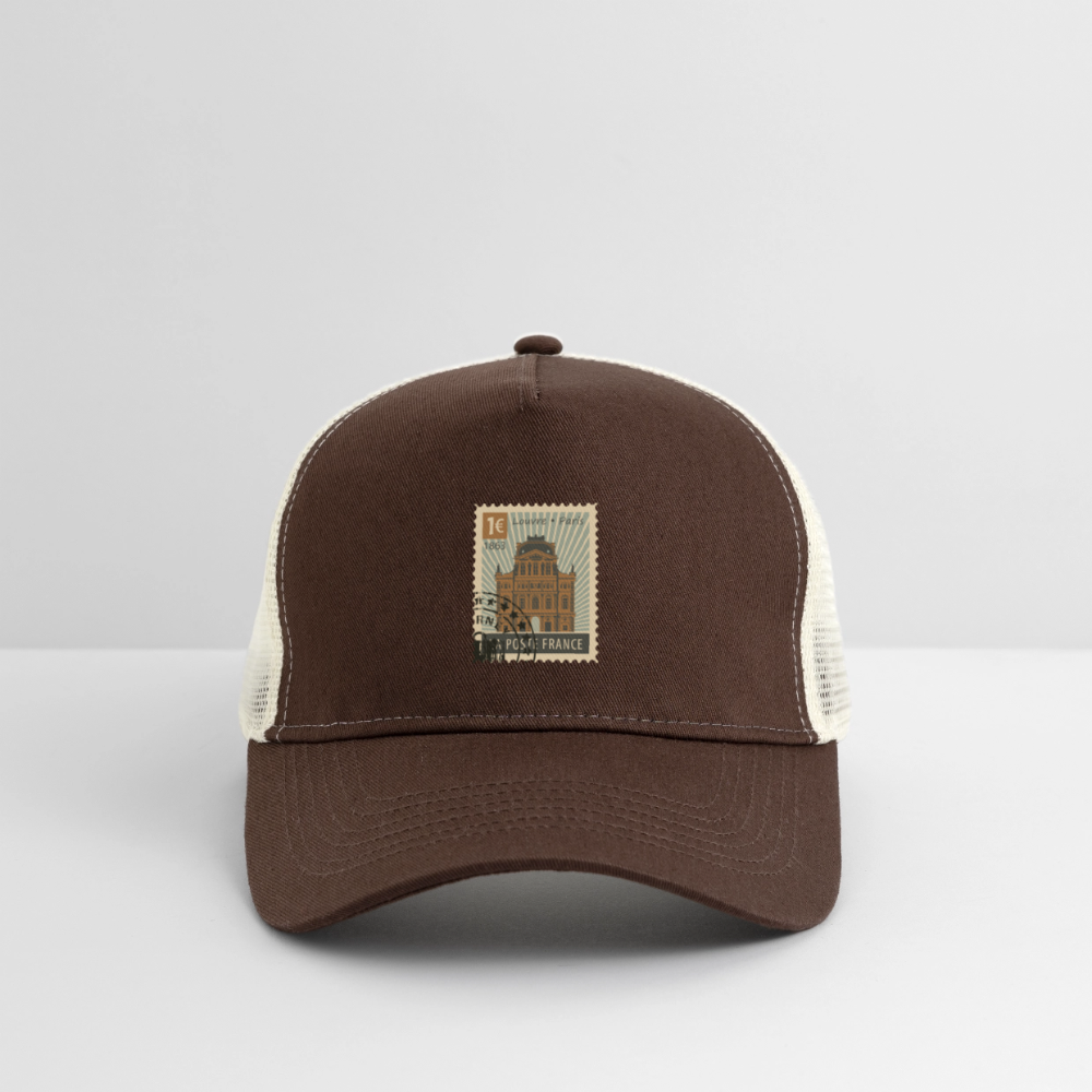 Postage Stamp France Louvre Paris Trucker Cap - brown/beige