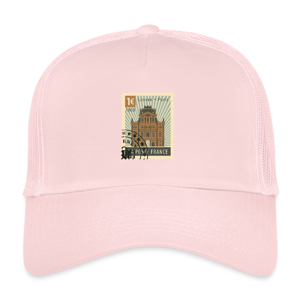 Postage Stamp France Louvre Paris Trucker Cap - pale pink